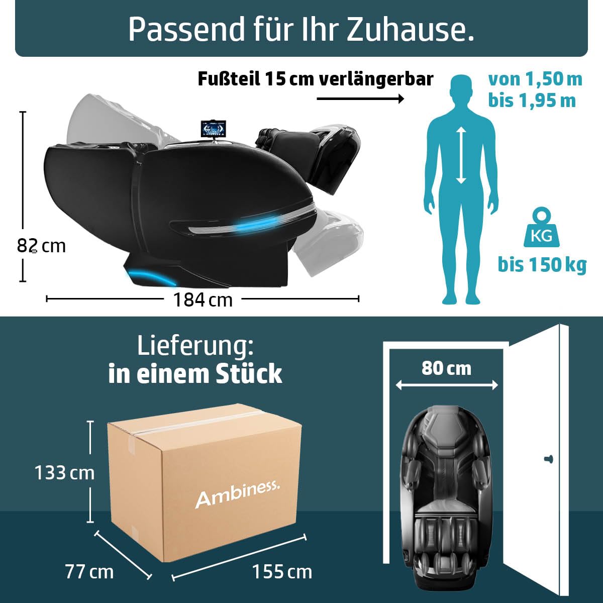 AMBINESS YUNA Massagesessel 60 Programme Zero Gravity 3D Ganzkörpermassage Wärmefunktion Vitalwertmessung Relaxsessel Schwarz deutsche Bedienung