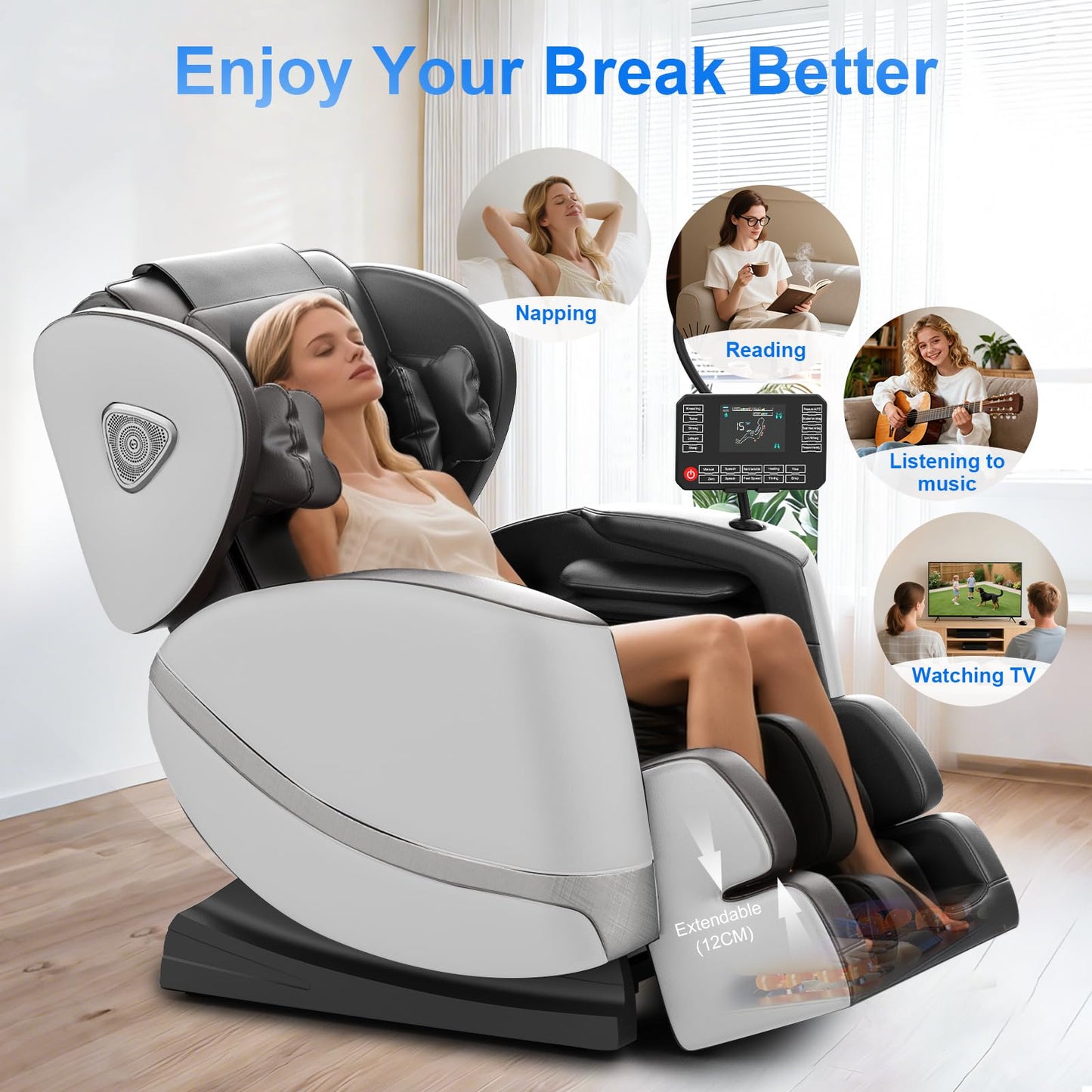 Massagesessel Ganzkörper Zero Gravity 14 Rollen 8 Airbags Heizung Taille Beine Fußmassage Bluetooth Touchscreen 2 in 1 Hellgrau Massage Chair