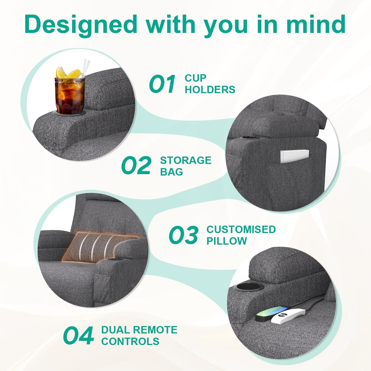 SQUEBILIFE elektrischer Relaxsessel Massagesessel Wärmefunktion Liegefunktion Fußteil Fernsehsessel USB Typ C Getränkehalter Seitentaschen Wohnzimmer Massagestuhl