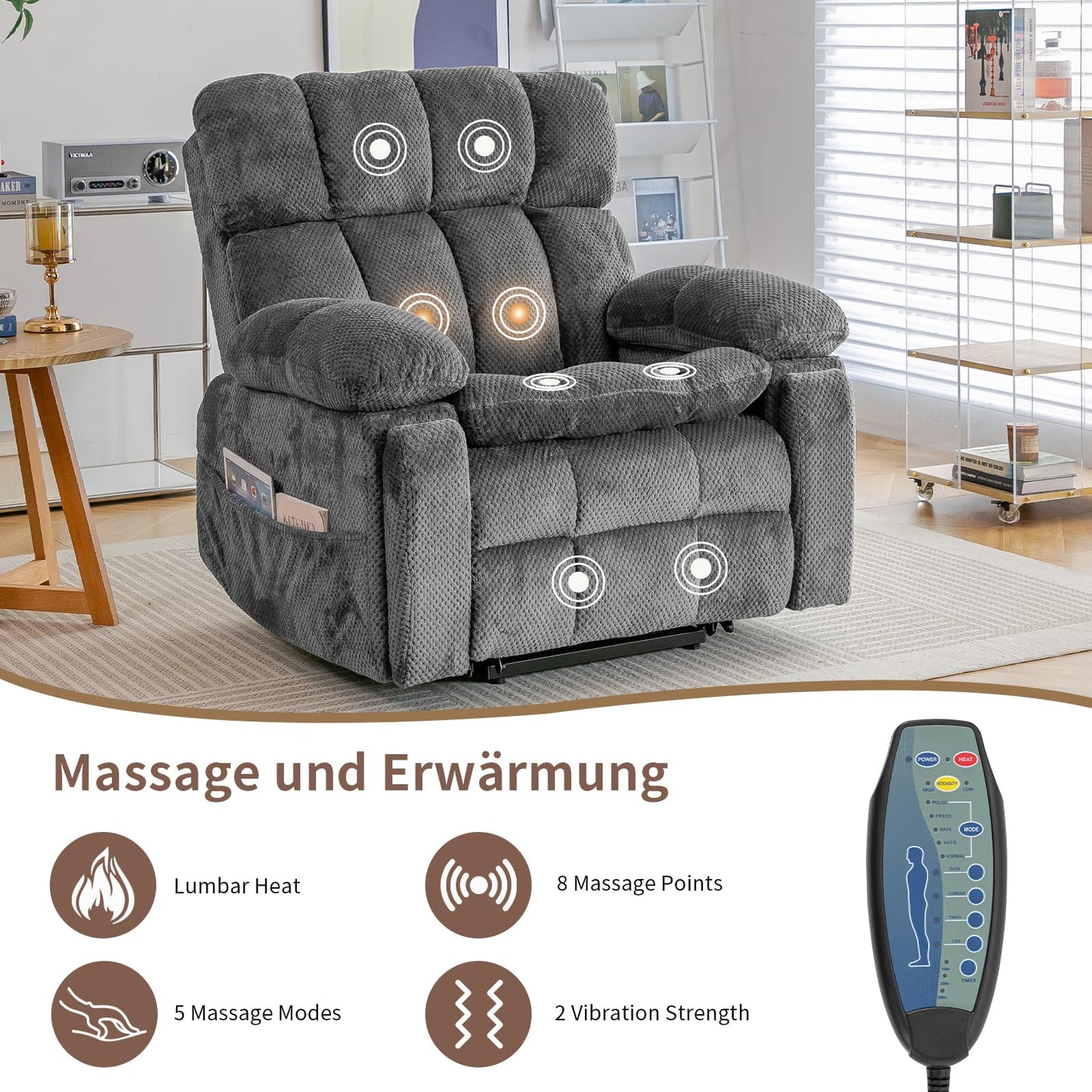 Zuacs elektrischer Relaxsessel Zweimotor Aufstehhilfe Liegefunktion Fernsehsessel Wohnzimmer Multifunktional Einzelsofa Groß Grau