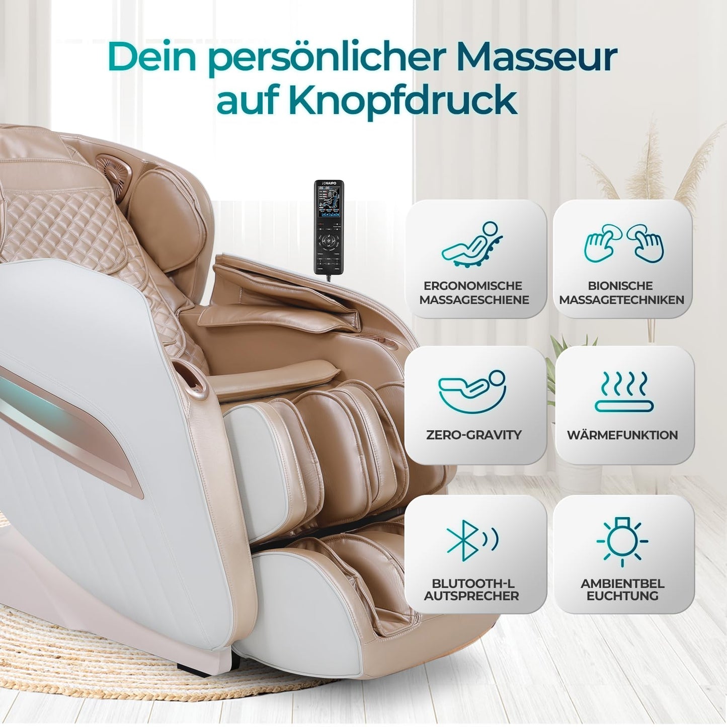 Aspria Shiatsu Massagesessel Zero Gravity Ganzkörpermassage Wärmefunktion bionische Massagetechniken USB Bluetooth Relaxsessel Zuhause Büro Massagestuhl
