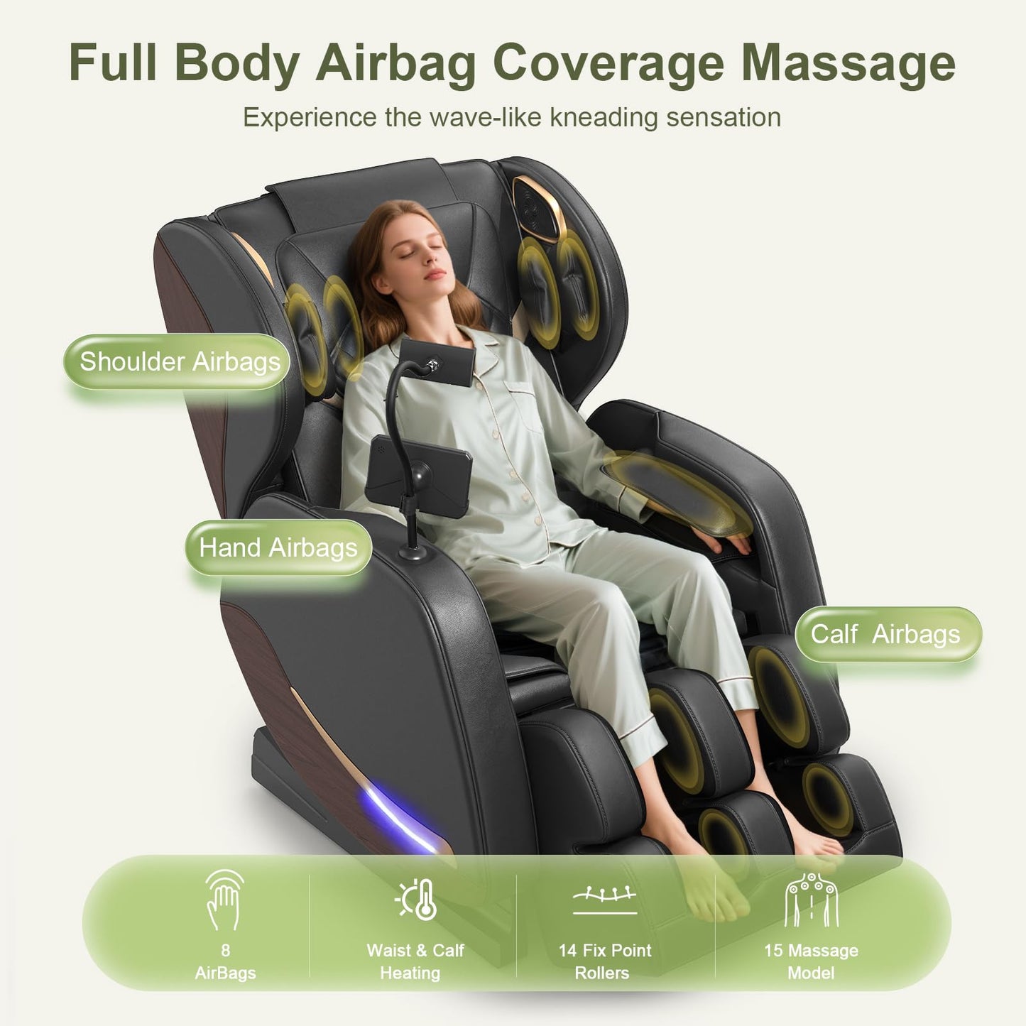 Yewglen Ganzkörper Massagesessel Wärmefunktion 14 Rollen 8 Airbags Zero Gravity Bluetooth Lautsprecher Touchscreen verstellbare Fußstütze Massage Chair