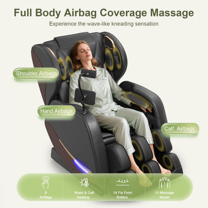 Yewglen Ganzkörper Massagesessel Wärmefunktion 14 Rollen 8 Airbags Zero Gravity Bluetooth Lautsprecher Touchscreen verstellbare Fußstütze Massage Chair