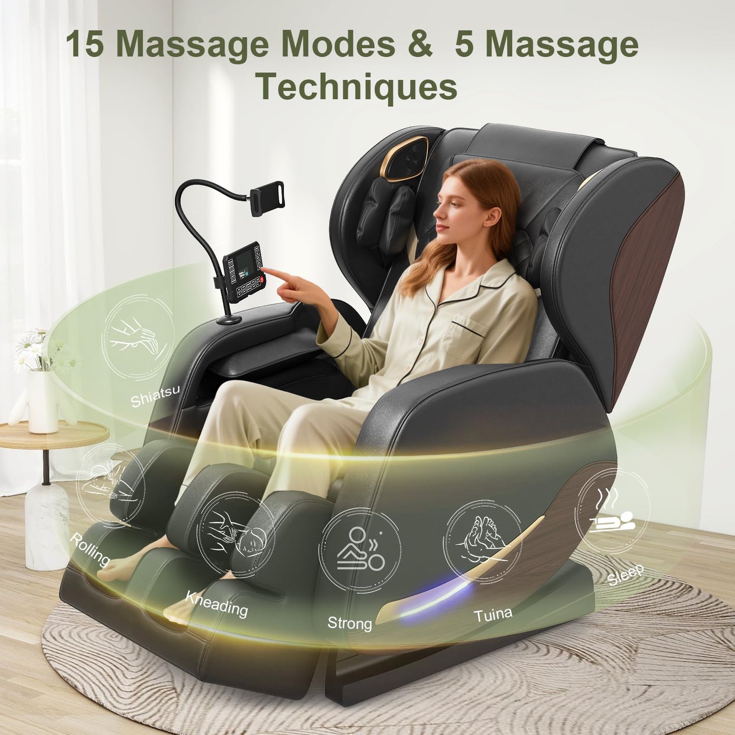 Yewglen Ganzkörper Massagesessel Wärmefunktion 14 Rollen 8 Airbags Zero Gravity Bluetooth Lautsprecher Touchscreen verstellbare Fußstütze Massage Chair