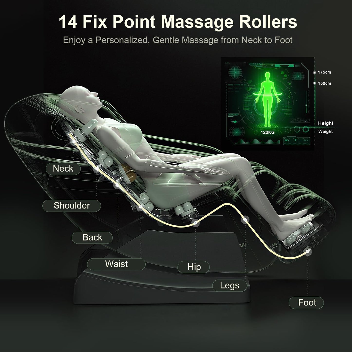 Ganzkörper Massagesessel 14 Rollen 8 Airbags Heizung Beine Taille Zero Gravity Bluetooth Touchscreen verstellbare Fußstütze Heimkino Relaxsessel