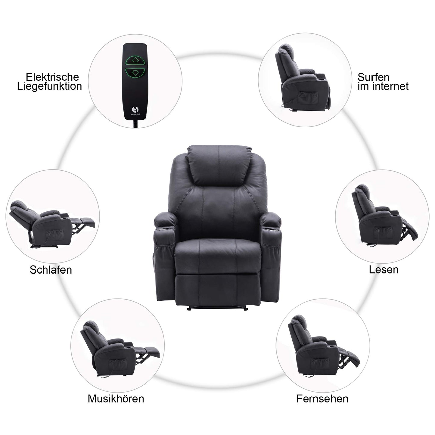 M MCombo Elektrisch Relaxsessel Massagesessel Fernsehsessel Liegefunktion Vibration Heizung 7061 neues Modell (Schwarz-Kunstleder)