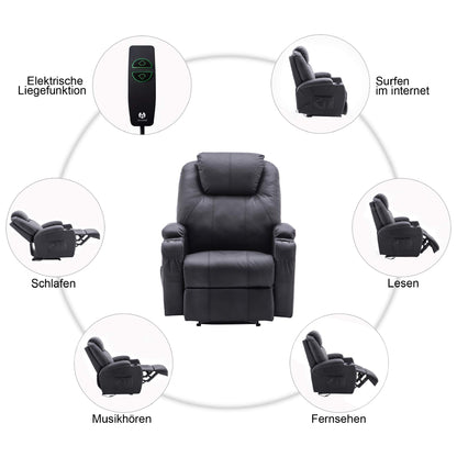 M MCombo Elektrisch Relaxsessel Massagesessel Fernsehsessel Liegefunktion Vibration Heizung 7061 neues Modell (Schwarz-Kunstleder)