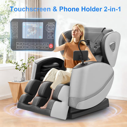 Massagesessel Ganzkörper Zero Gravity 14 Rollen 8 Airbags Heizung Taille Beine Fußmassage Bluetooth Touchscreen 2 in 1 Hellgrau Massage Chair