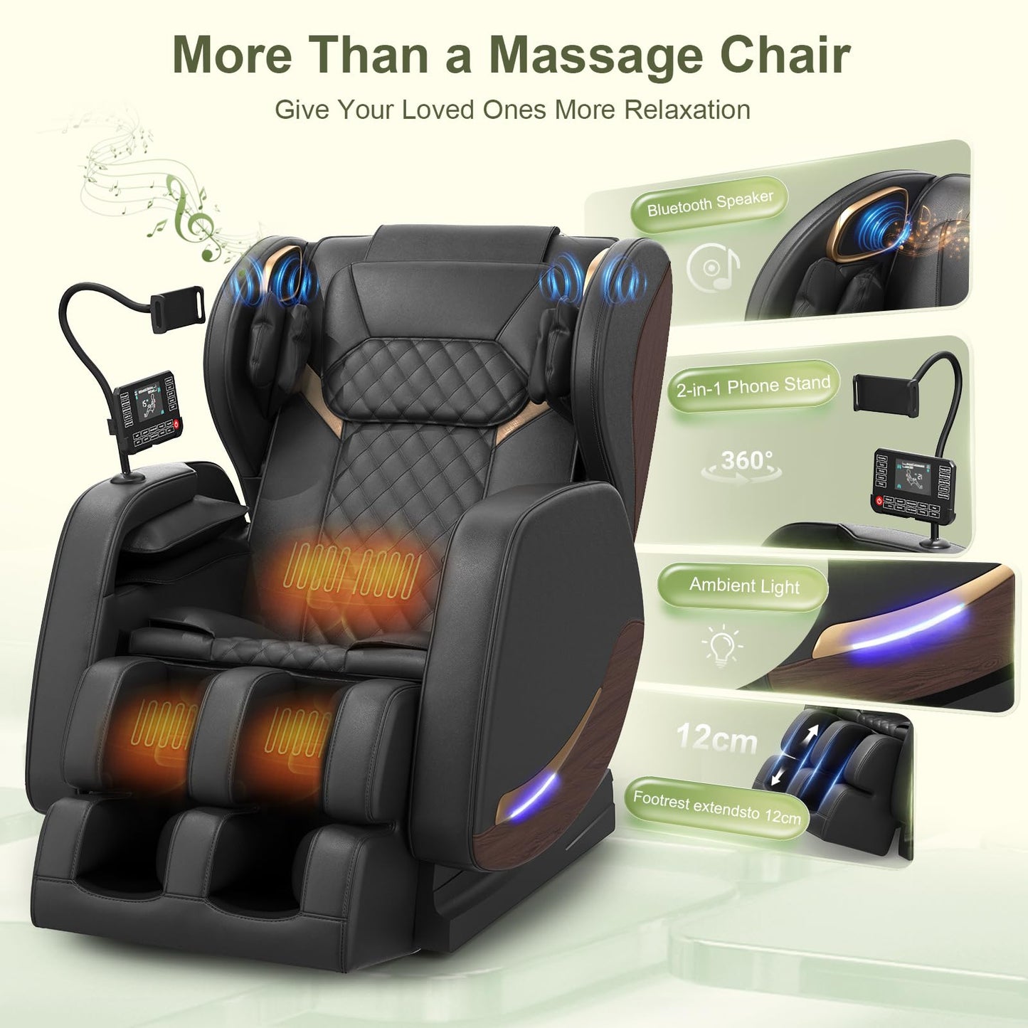 Yewglen Ganzkörper Massagesessel Wärmefunktion 14 Rollen 8 Airbags Zero Gravity Bluetooth Lautsprecher Touchscreen verstellbare Fußstütze Massage Chair
