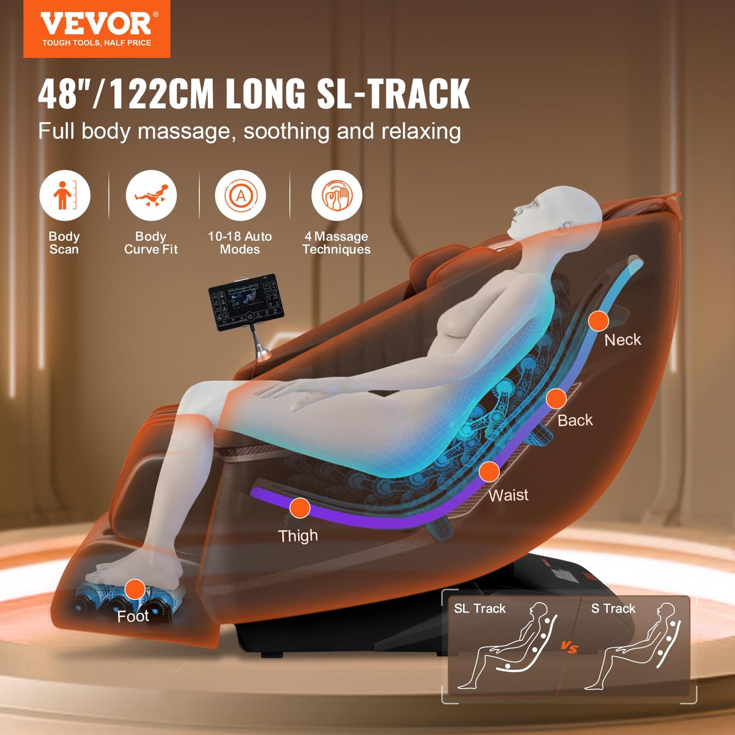 VEVOR Massagesessel SL-Schiene 3D Shiatsu Ganzkörpermassage Zero Gravity 10-18 Automatikmodi Heizung Bluetooth Luftkissen Touchscreen 160 kg Massage Chair
