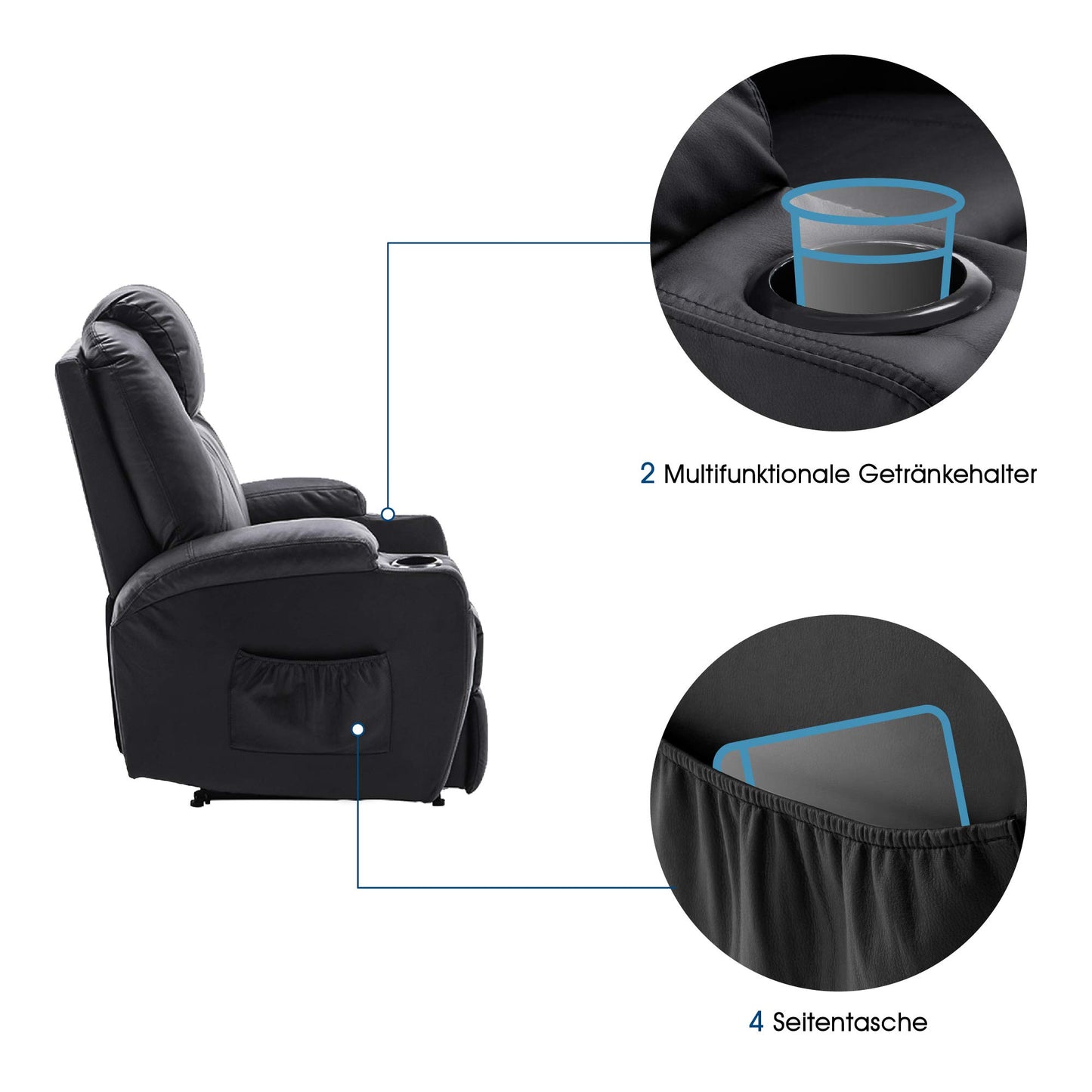 M MCombo Elektrisch Relaxsessel Massagesessel Fernsehsessel Liegefunktion Vibration Heizung 7061 neues Modell (Schwarz-Kunstleder)