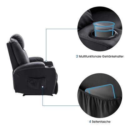 M MCombo Elektrisch Relaxsessel Massagesessel Fernsehsessel Liegefunktion Vibration Heizung 7061 neues Modell (Schwarz-Kunstleder)