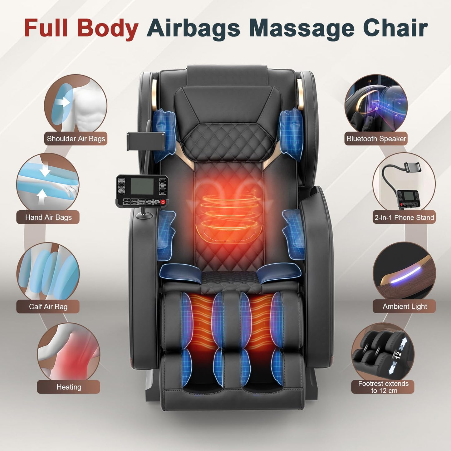 Ganzkörper Massagesessel 14 Rollen 8 Airbags Wärmefunktion Beine Taille Bluetooth Touchscreen Zero Gravity Heimkino Relaxsessel Massage Chair