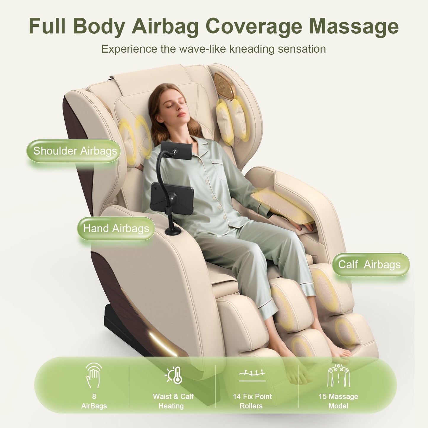 Ganzkörper Massagesessel 14 Rollen 8 Airbags Heizung Beine Taille Zero Gravity Bluetooth Touchscreen verstellbare Fußstütze Heimkino Relaxsessel