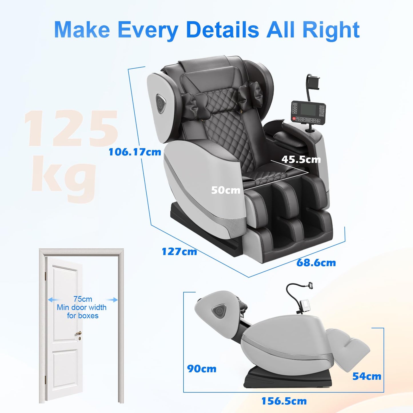 Massagesessel Ganzkörper Zero Gravity 14 Rollen 8 Airbags Heizung Taille Beine Fußmassage Bluetooth Touchscreen 2 in 1 Hellgrau Massage Chair