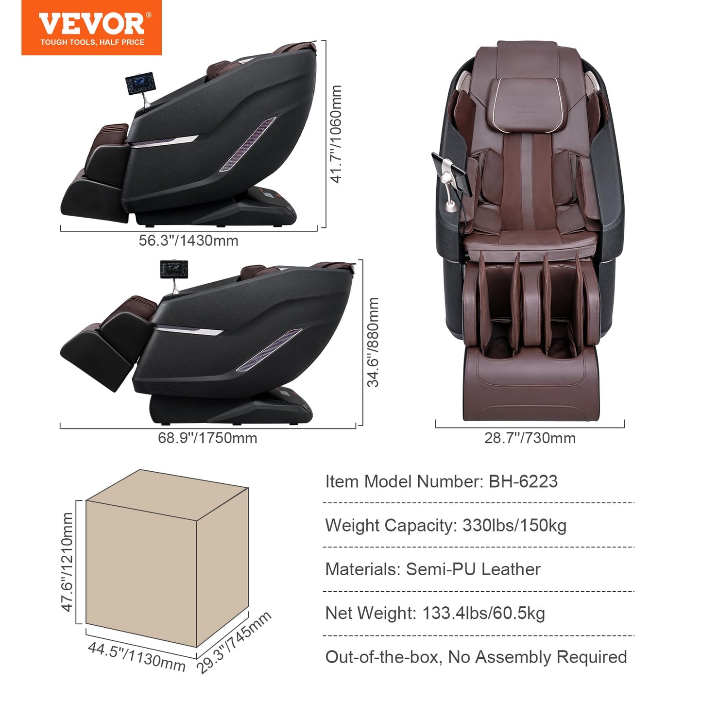 VEVOR Massagesessel SL-Schiene 3D Shiatsu Ganzkörpermassage Zero Gravity 10-18 Automatikmodi Heizung Bluetooth Luftkissen Touchscreen 160 kg Massage Chair