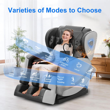 Massagesessel Ganzkörper Zero Gravity 14 Rollen 8 Airbags Heizung Taille Beine Fußmassage Bluetooth Touchscreen 2 in 1 Hellgrau Massage Chair