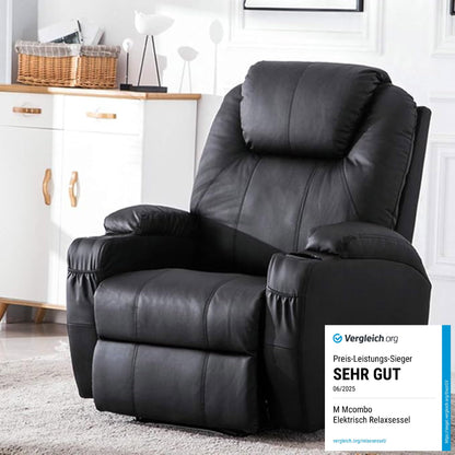 M MCombo Elektrisch Relaxsessel Massagesessel Fernsehsessel Liegefunktion Vibration Heizung 7061 neues Modell (Schwarz-Kunstleder)