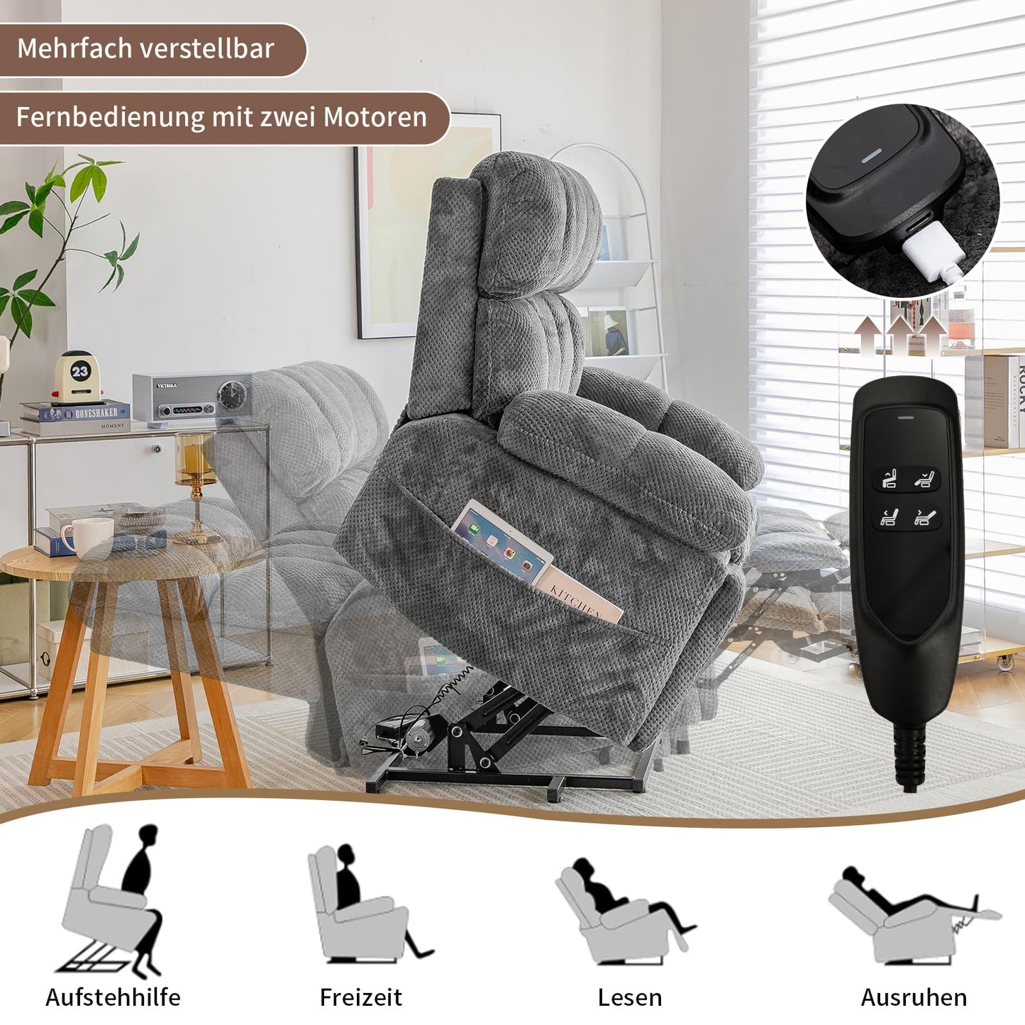 Zuacs elektrischer Relaxsessel Zweimotor Aufstehhilfe Liegefunktion Fernsehsessel Wohnzimmer Multifunktional Einzelsofa Groß Grau