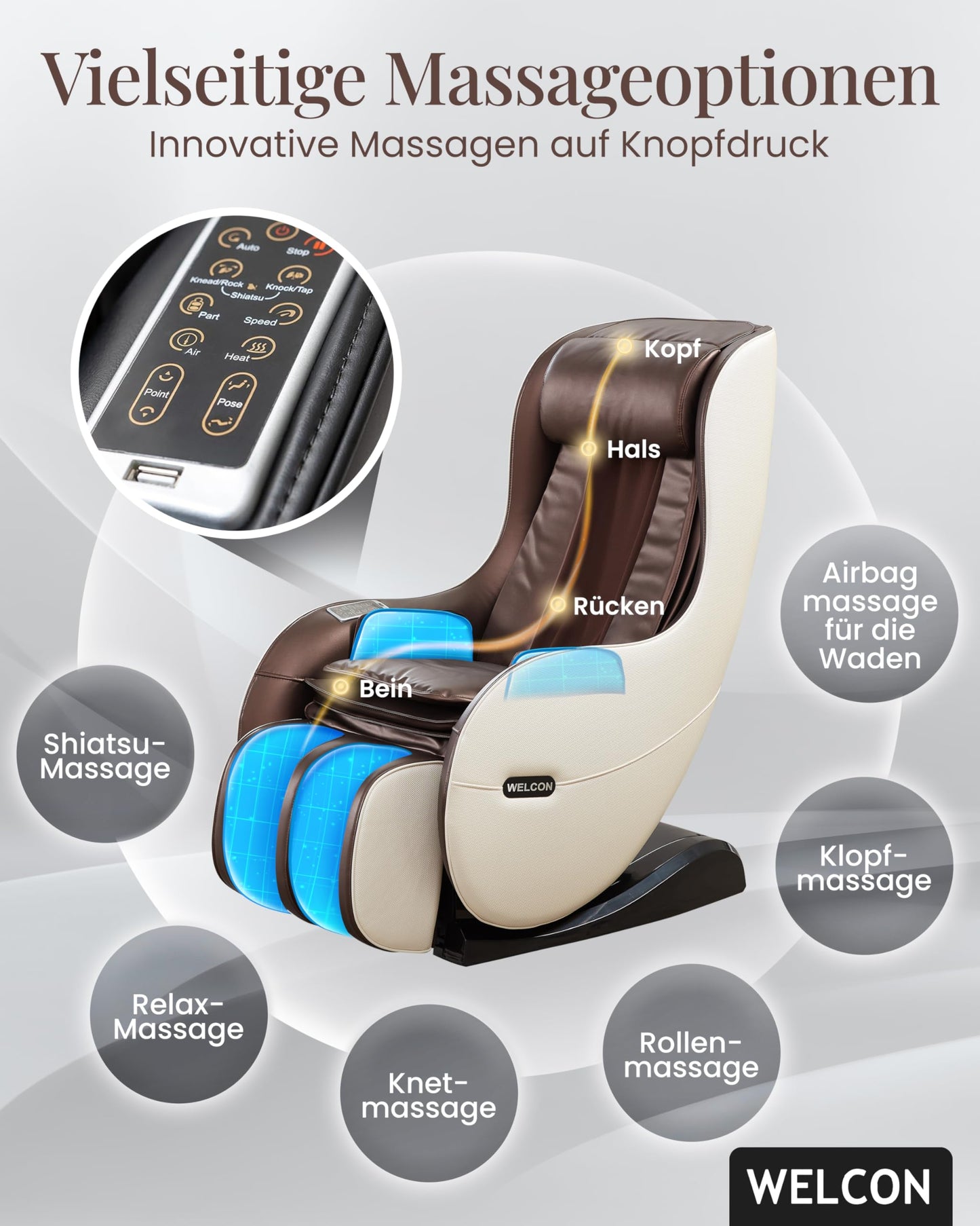 WELCON EASYRELAXX Massagesessel elektrisch Beige Braun L-Shape Ganzkörper Relaxsessel Automatikprogramme Knet Klopf Massage Chair Zuhause