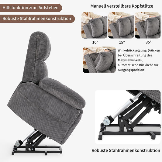 Zuacs elektrischer Relaxsessel Zweimotor Aufstehhilfe Liegefunktion Fernsehsessel Wohnzimmer Multifunktional Einzelsofa Groß Grau