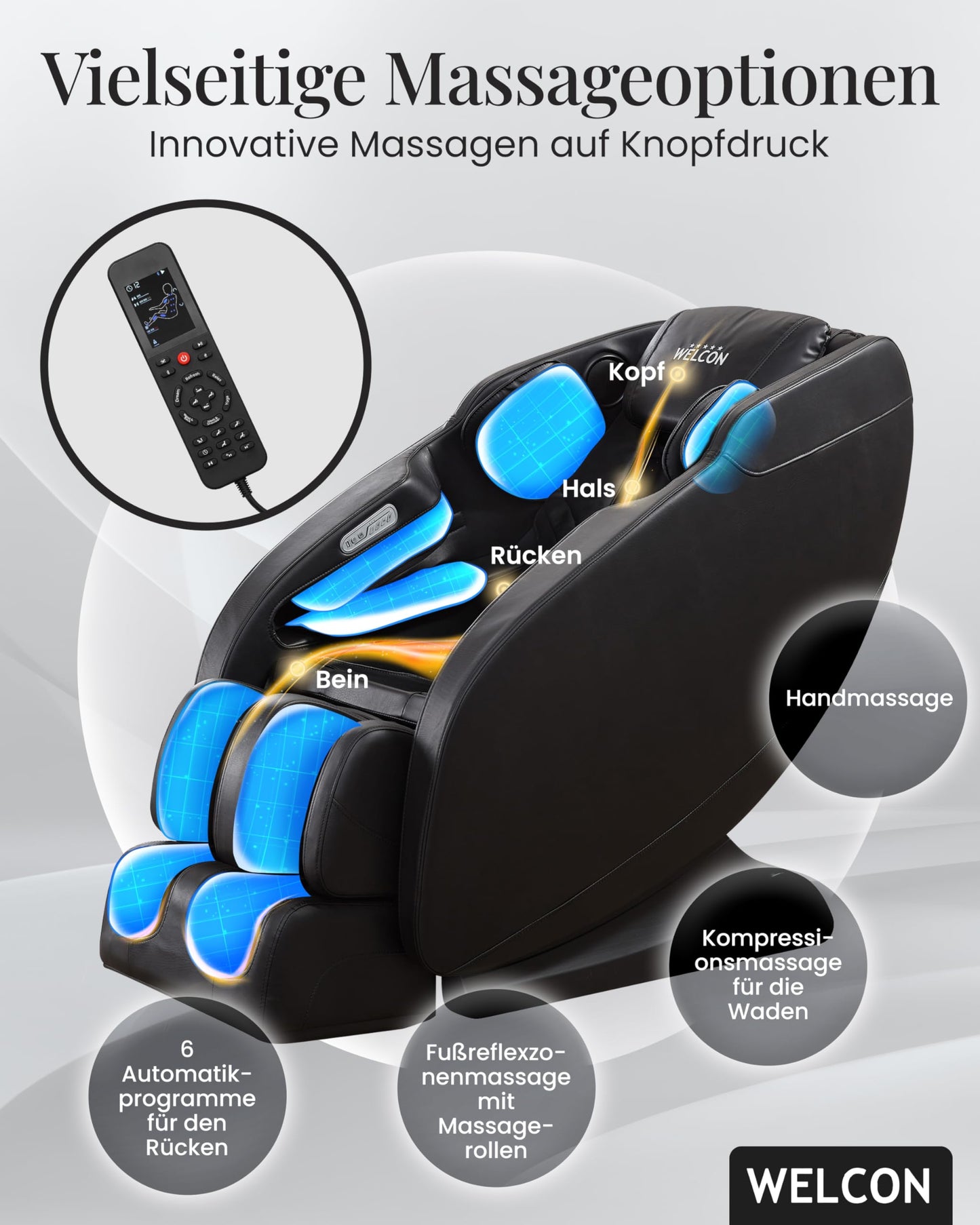WELCON Prestige II 3D Massagesessel elektrisch Schwarz – Zero Gravity Relaxsessel mit Wärmefunktion, 6 Automatikprogrammen & Ganzkörpermassage