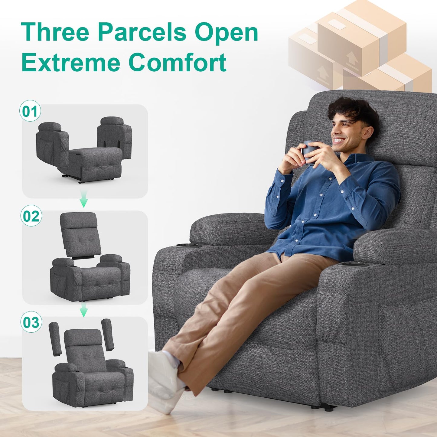 SQUEBILIFE elektrischer Relaxsessel Massagesessel Wärmefunktion Liegefunktion Fußteil Fernsehsessel USB Typ C Getränkehalter Seitentaschen Wohnzimmer Massagestuhl