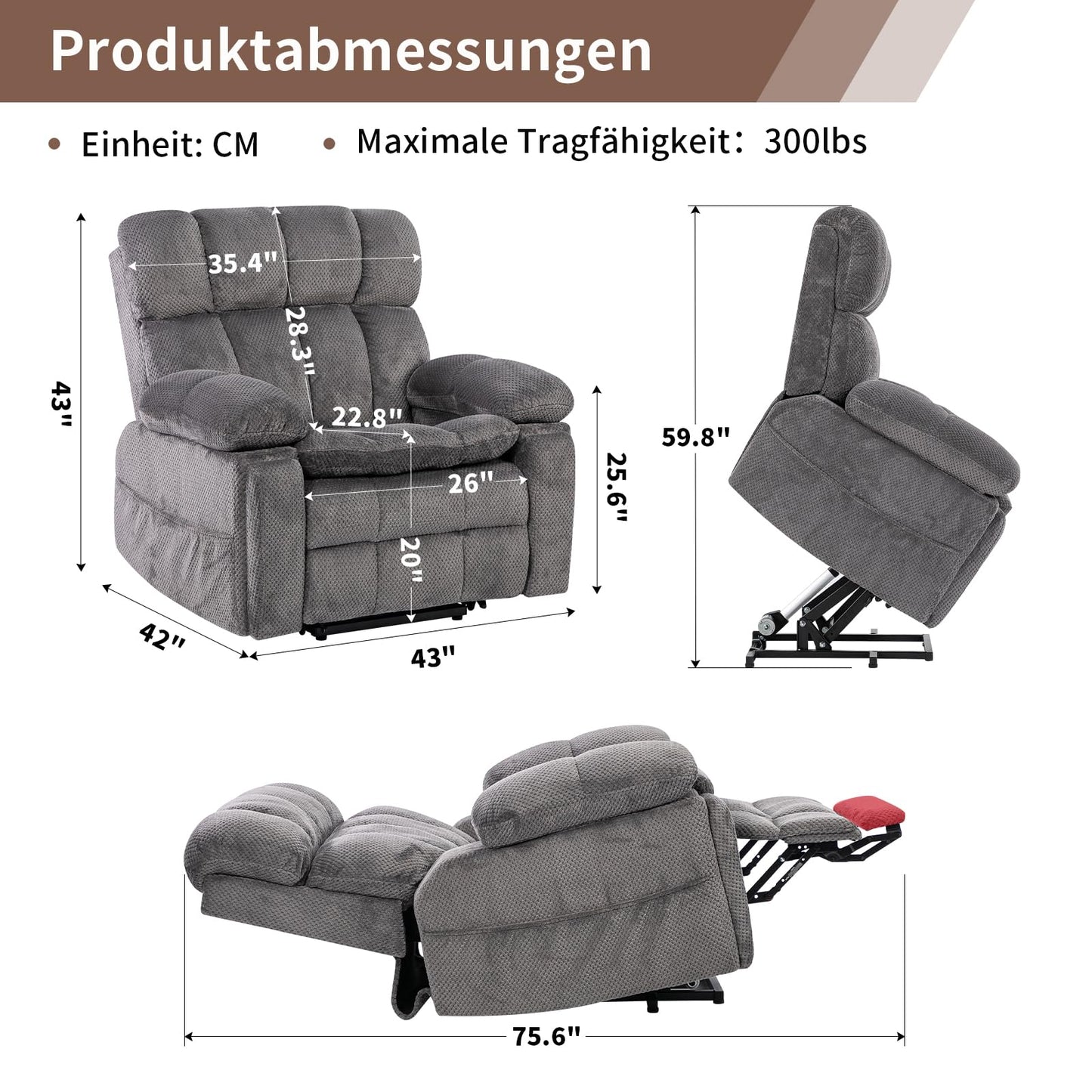 Zuacs elektrischer Relaxsessel Zweimotor Aufstehhilfe Liegefunktion Fernsehsessel Wohnzimmer Multifunktional Einzelsofa Groß Grau