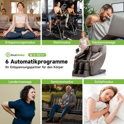 Real Relax Ganzkörper-Massagesessel,Zero-Gravity Shiatsu Massage Chair Recliner mit Fußmassage,Bluetooth und großem Touchscreen,Braun