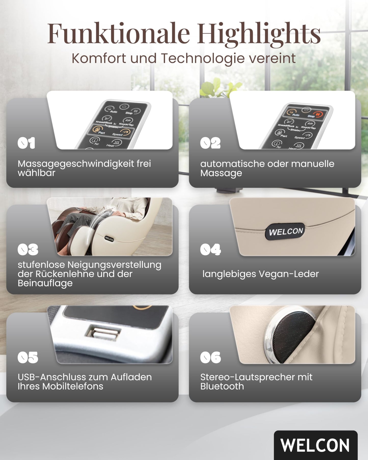 WELCON EASYRELAXX Massagesessel elektrisch Beige Braun L-Shape Ganzkörper Relaxsessel Automatikprogramme Knet Klopf Massage Chair Zuhause