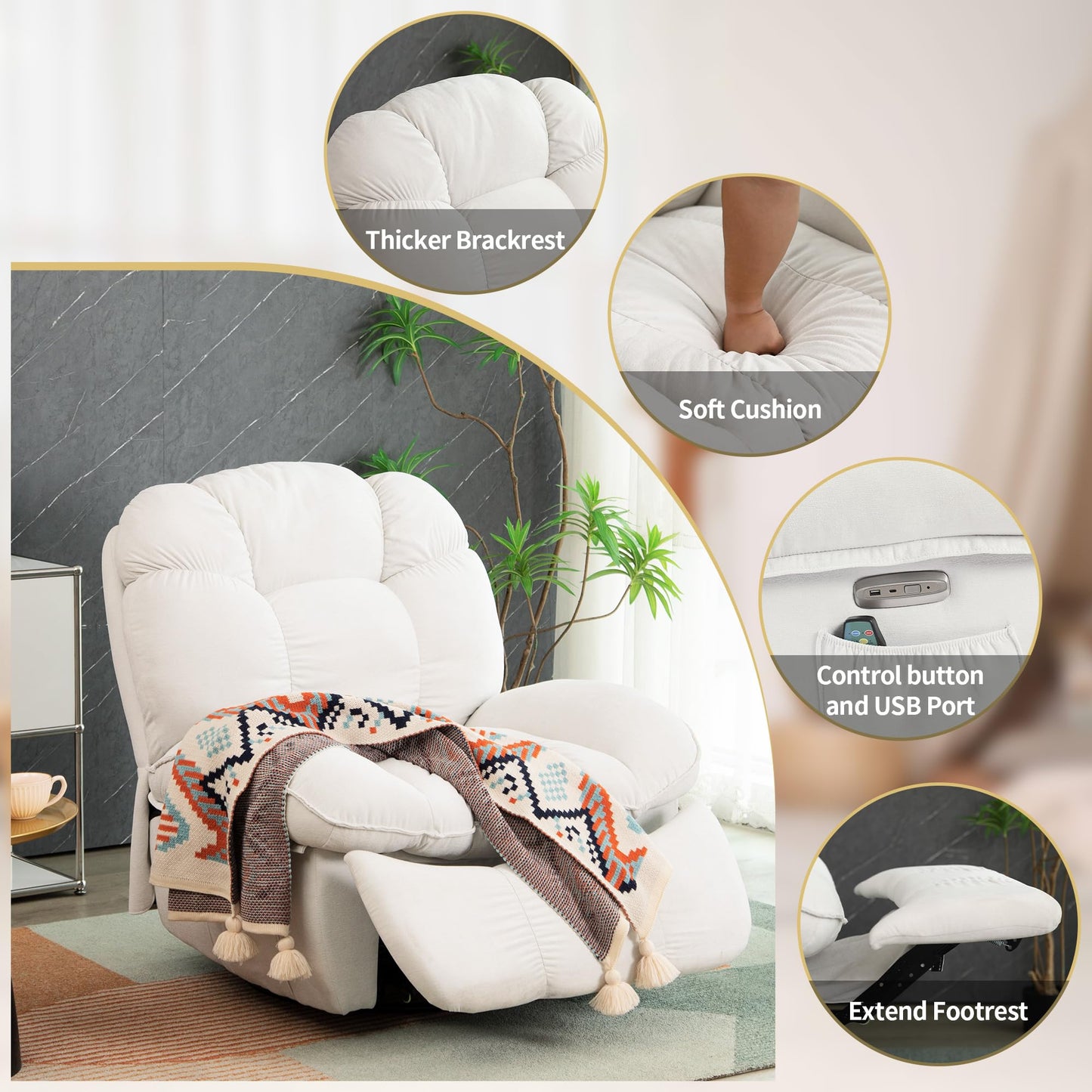 LONXIU Elektrischer Relaxsessel Massagesessel mit Heizung Ladeanschluss verstellbare Rückenlehne Beinstütze Fernsehsessel Wohnzimmer Weiß