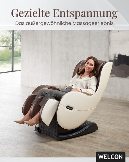 WELCON EASYRELAXX Massagesessel elektrisch Beige Braun L-Shape Ganzkörper Relaxsessel Automatikprogramme Knet Klopf Massage Chair Zuhause