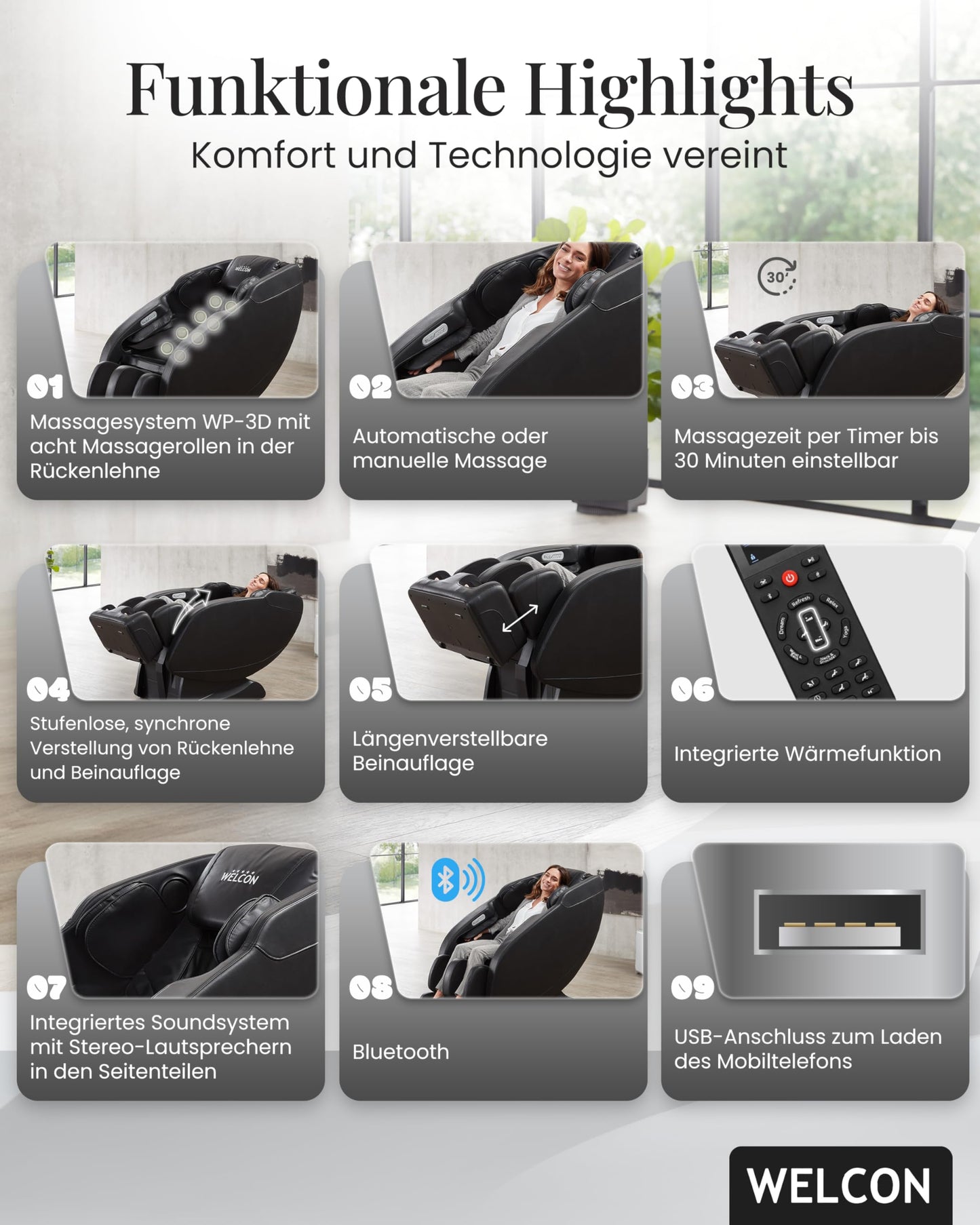 WELCON Prestige II 3D Massagesessel elektrisch Schwarz – Zero Gravity Relaxsessel mit Wärmefunktion, 6 Automatikprogrammen & Ganzkörpermassage