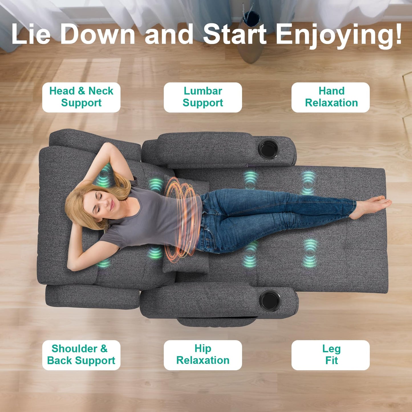 SQUEBILIFE elektrischer Relaxsessel Massagesessel Wärmefunktion Liegefunktion Fußteil Fernsehsessel USB Typ C Getränkehalter Seitentaschen Wohnzimmer Massagestuhl