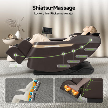 Real Relax Ganzkörper-Massagesessel,Zero-Gravity Shiatsu Massage Chair Recliner mit Fußmassage,Bluetooth und großem Touchscreen,Braun