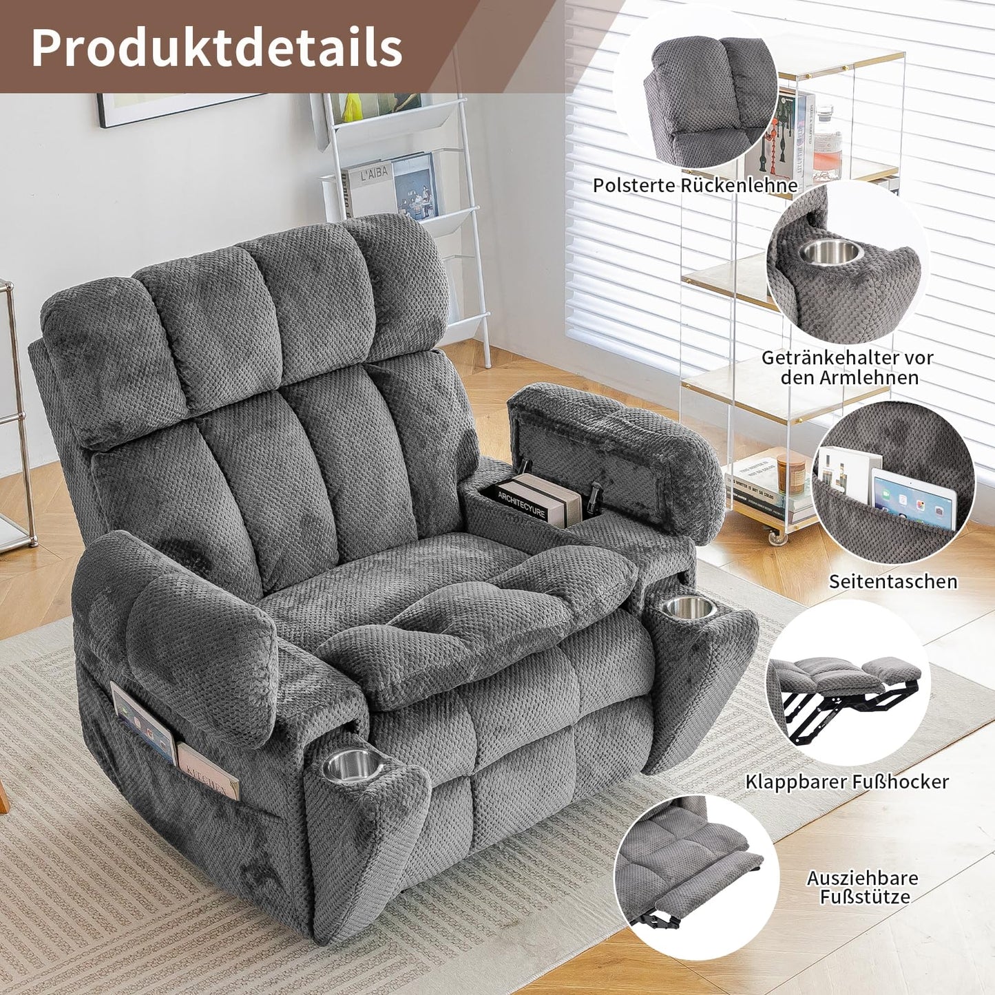 Zuacs elektrischer Relaxsessel Zweimotor Aufstehhilfe Liegefunktion Fernsehsessel Wohnzimmer Multifunktional Einzelsofa Groß Grau